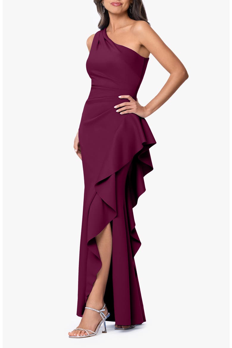 One-Shoulder Ruffle Scuba Crepe Gown, Alternate, color, RAISIN