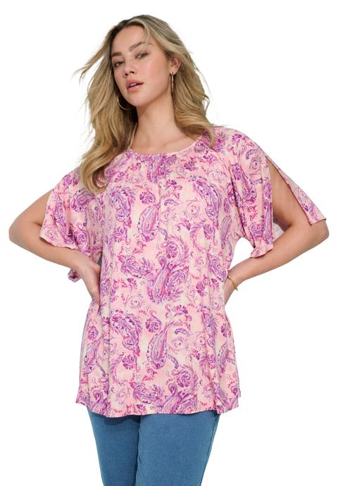 Plus Size Shirred Scoop Neck Split Bell Sleeve Tee (plus)