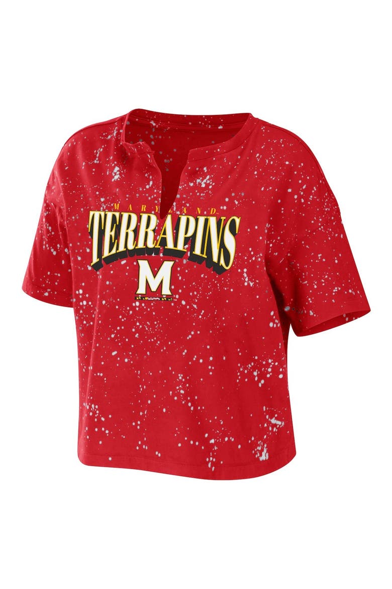 Women's WEAR by Erin Andrews Red Maryland Terrapins Bleach Wash Splatter Cropped Notch Neck T-Shirt, Alternate, color, Red