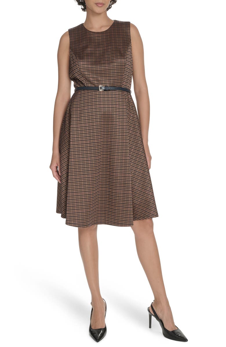 Tommy Hilfiger Houndstooth Sleeveless Belted Fit & Flare Dress, Main, color, Sky Captain Multi
