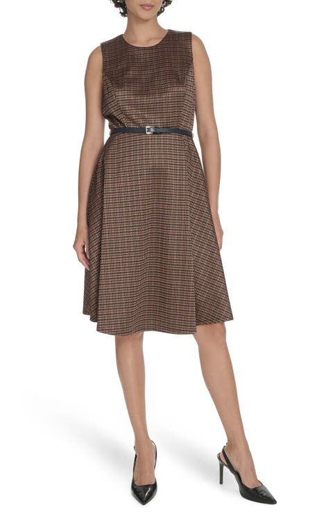 Houndstooth Sleeveless Belted Fit & Flare Dress