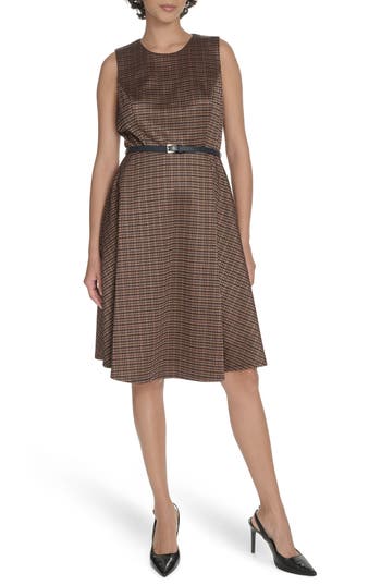 Tommy Hilfiger Houndstooth Sleeveless Belted Fit & Flare Dress In Brown