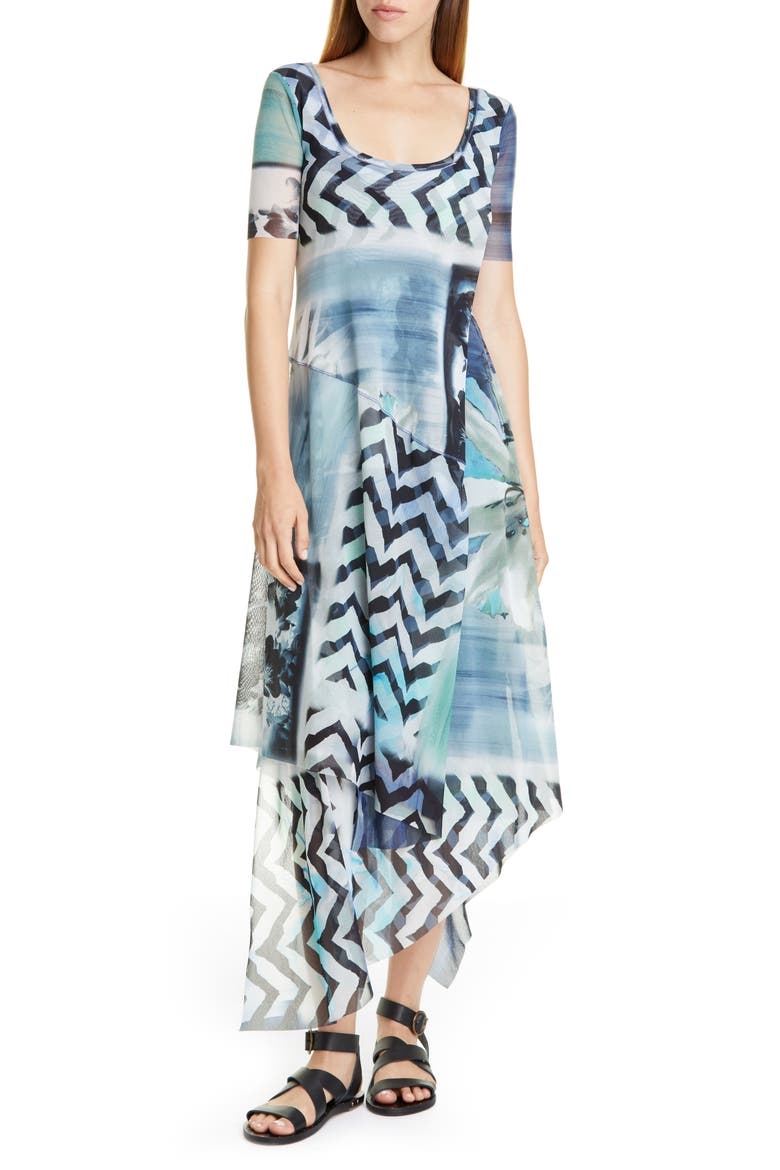Floral & Chevron Print Asymmetrical Maxi Dress, Main, color, BLUEBERRY