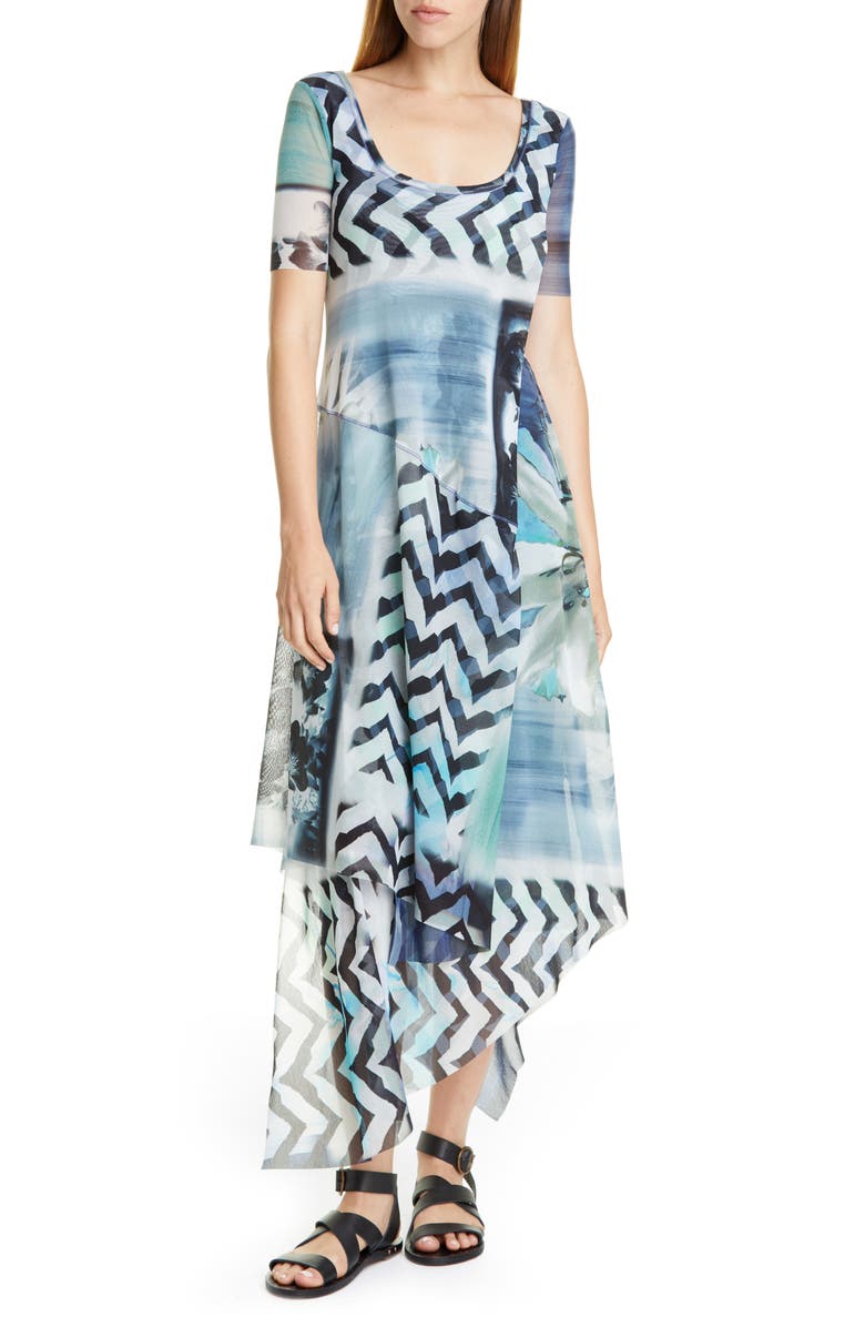 Fuzzi Floral & Chevron Print Asymmetrical Maxi Dress, Main, color, 
