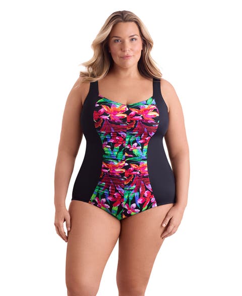 Shirred Front Princess Seam Girl Leg Plus Size One-Piece Swimsuit