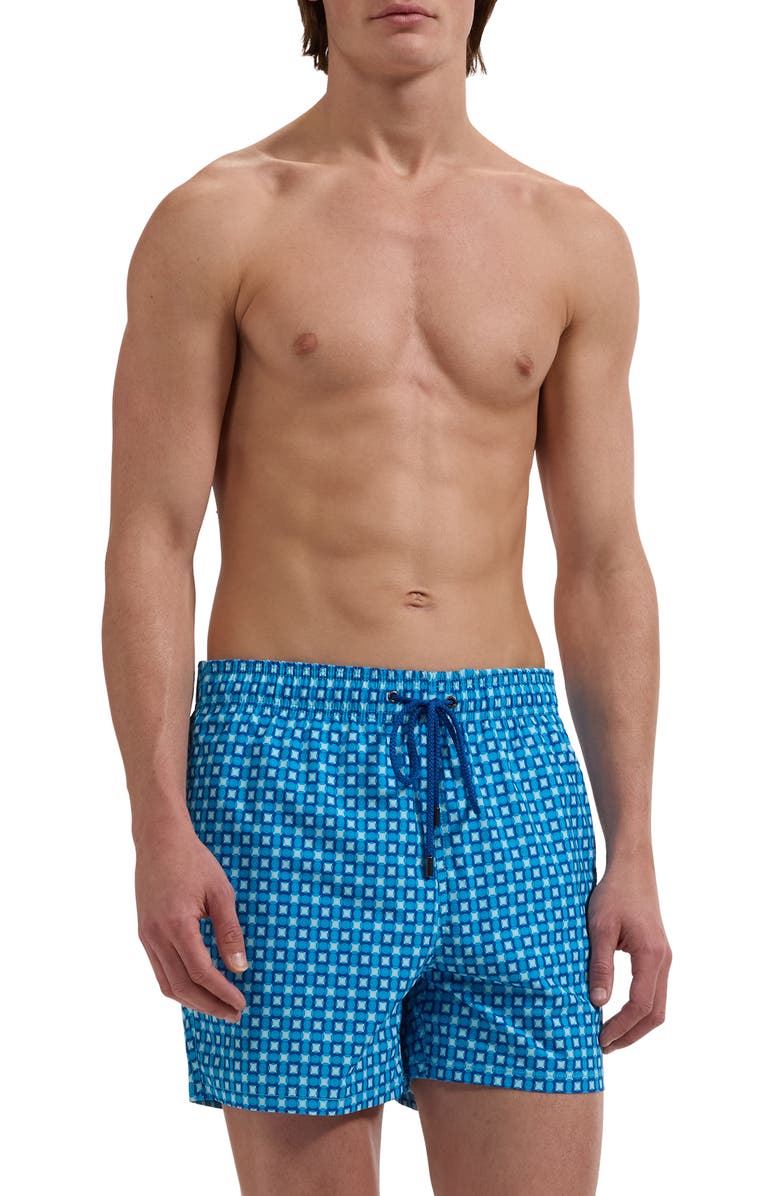 Bugatchi Kai Geo Print Swim Trunks, Main, color, Aqua