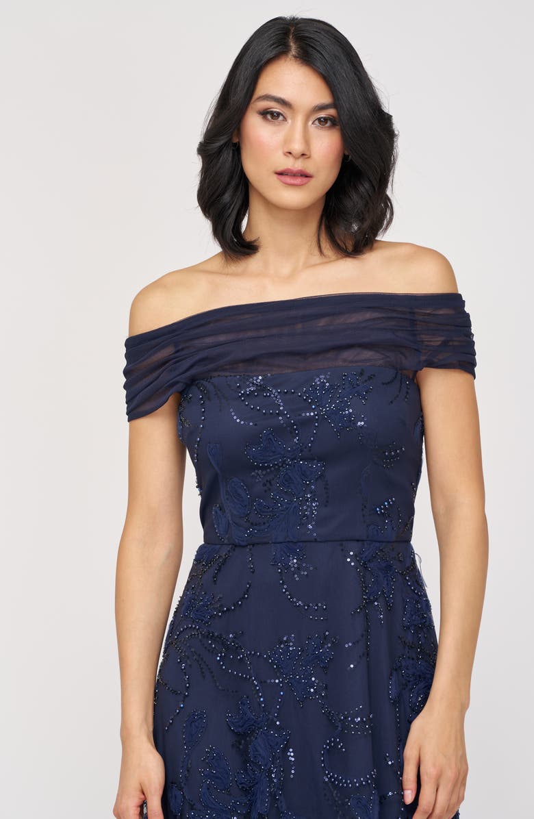 JS Collections Gemma Beaded Floral Off the Shoulder Cocktail Dress, Alternate, color, Navy