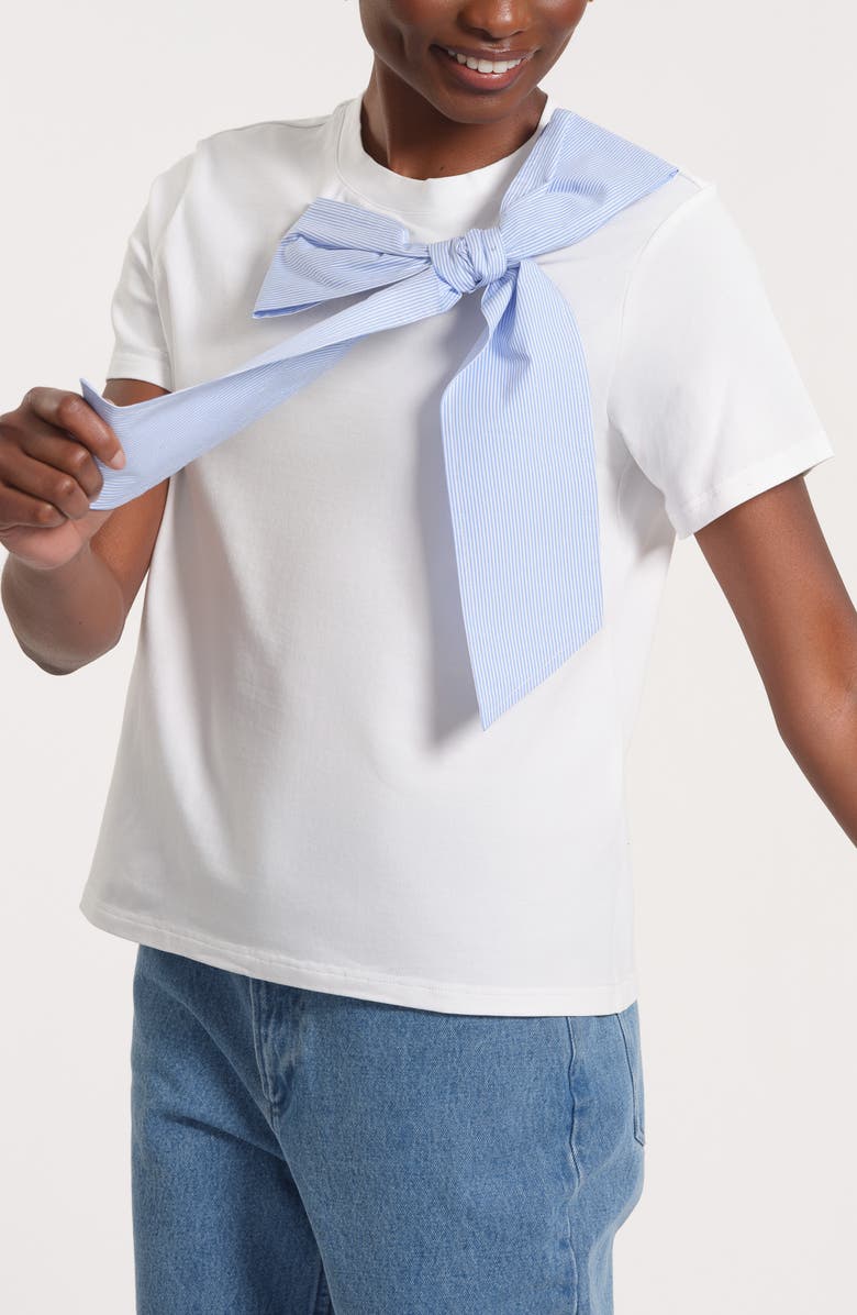 Isaac Mizrahi New York Striped Bow Stretch Cotton T-Shirt, Alternate, color, White Blue