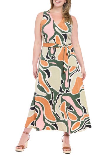 London Times Abstract Print Sleeveless Maxi Dress In Yellow