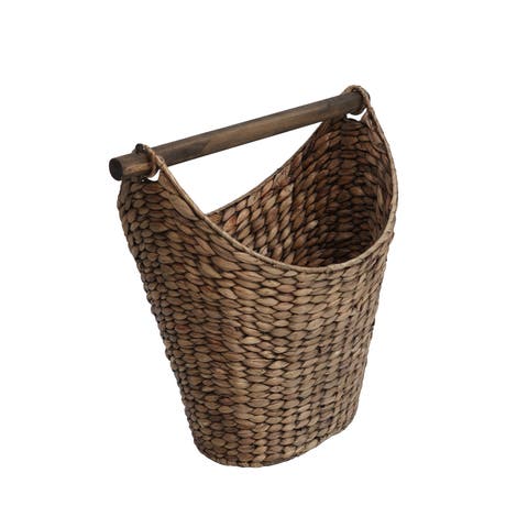 Talia Classic Coastal Hand-Woven Water Hyacinth Toilet Paper Basket with Wood Bar