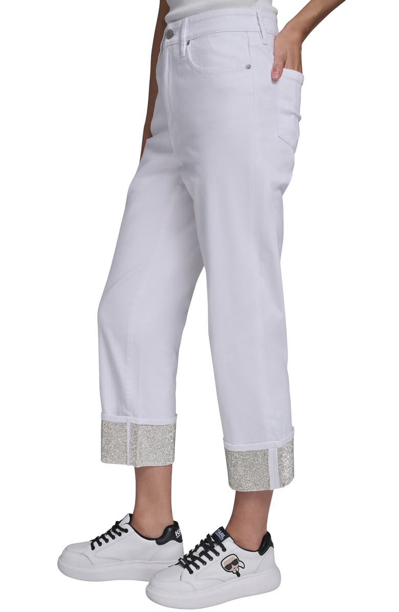 KARL LAGERFELD PARIS Rhinestone Cuff Ankle Straight Leg Jeans, Alternate, color, White Denim