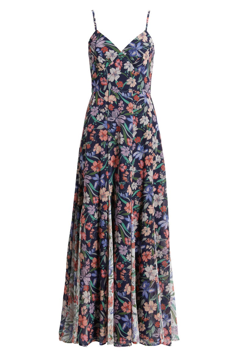 Floral Print Godet Sleeveless Gown, Alternate, color, NAVY GARDEN