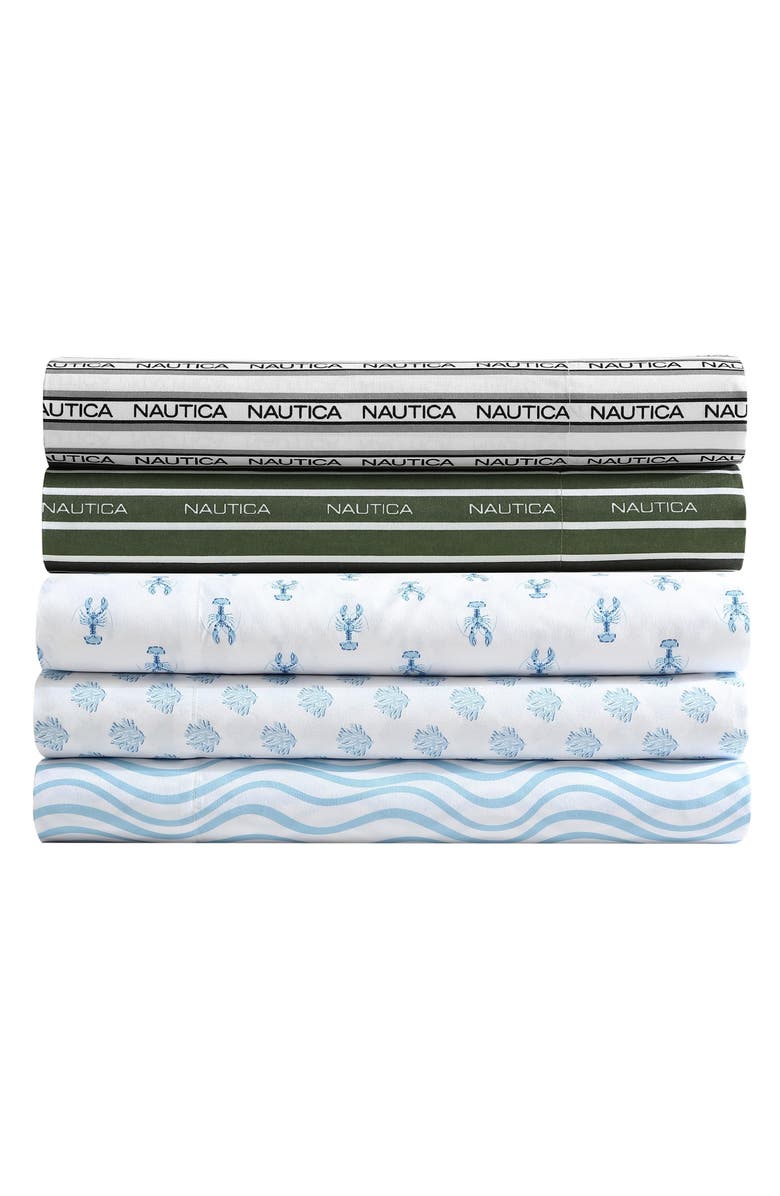 Nautica Varadero Typeface 200 Thread Count Sheet Set, Alternate, color, Fern Green Whale Grey