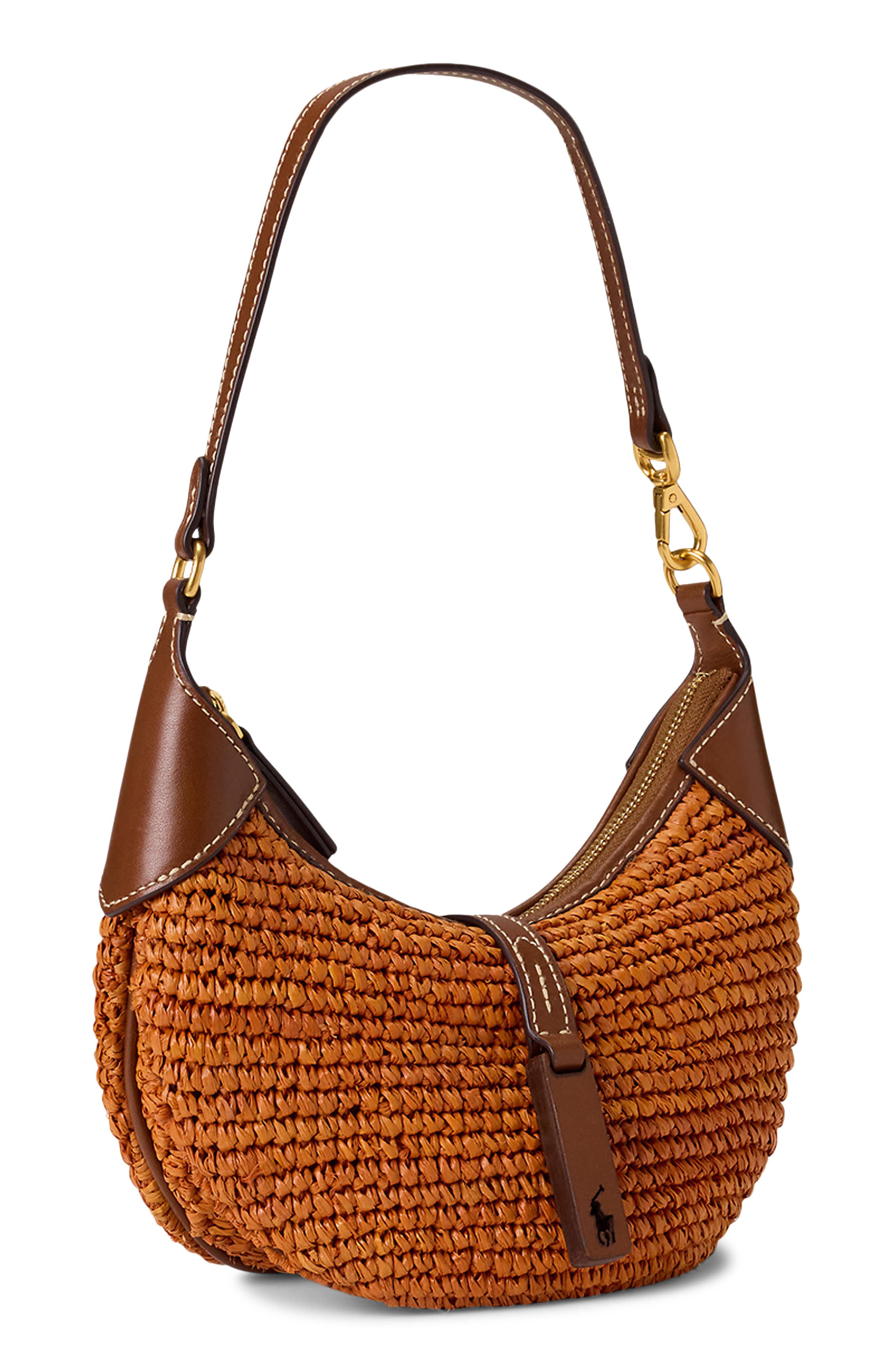 Polo Ralph Lauren Small Polo ID Raffia Shoulder Bag, Alternate, color, Sequoia/ Cuoio