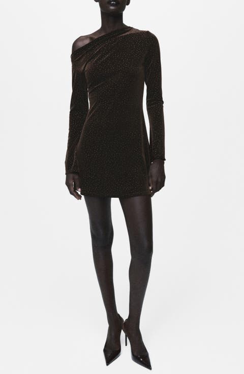 Rhinestone Long Sleeve Velvet Dress