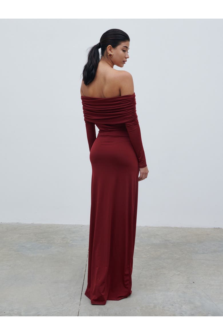 Perrie Bardot Jersey Maxi Dress, Alternate, color, Burgundy
