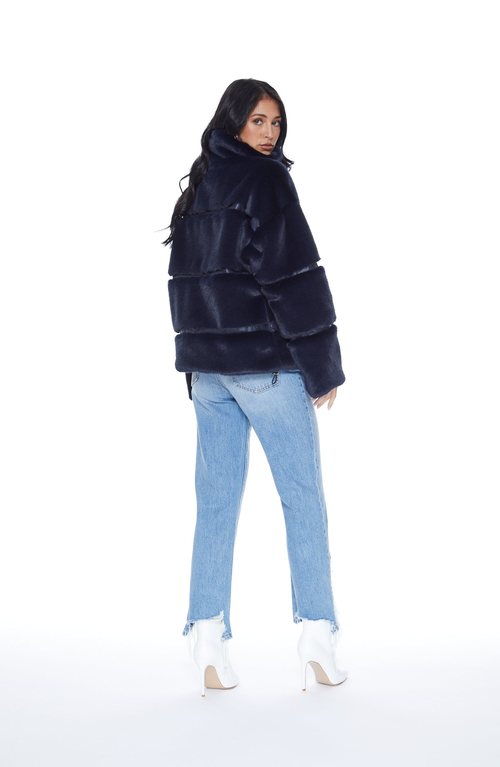 Shop Blue Revival Mob Wife Unreal Leather Fur Jacket In Navy