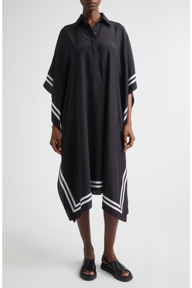Stripe Border Silk Caftan Shirtdress, Main, color, BLACK/ OPTIC WHITE