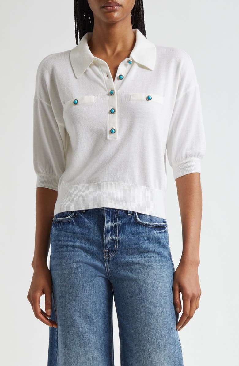L'AGENCE Masaki Polo Sweater, Main, color, White/ Turquoise