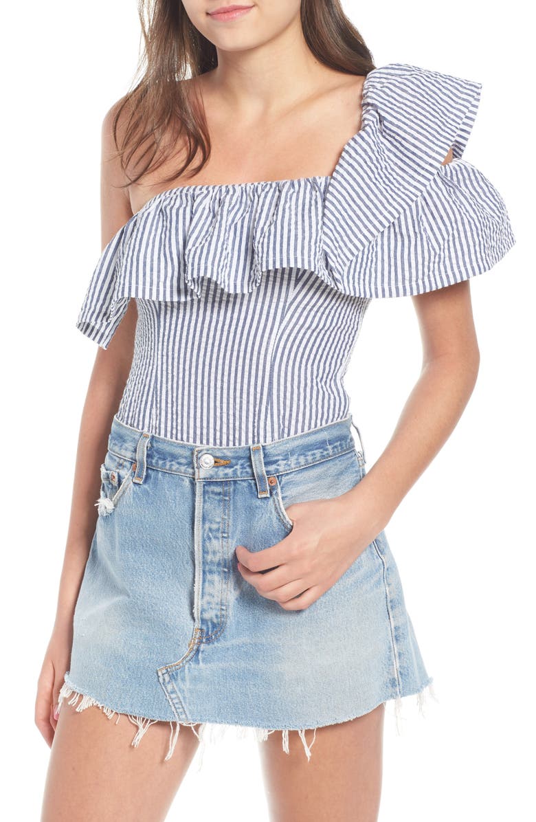 KENDALL + KYLIE One-Shoulder Seersucker Bodysuit, Main, color,