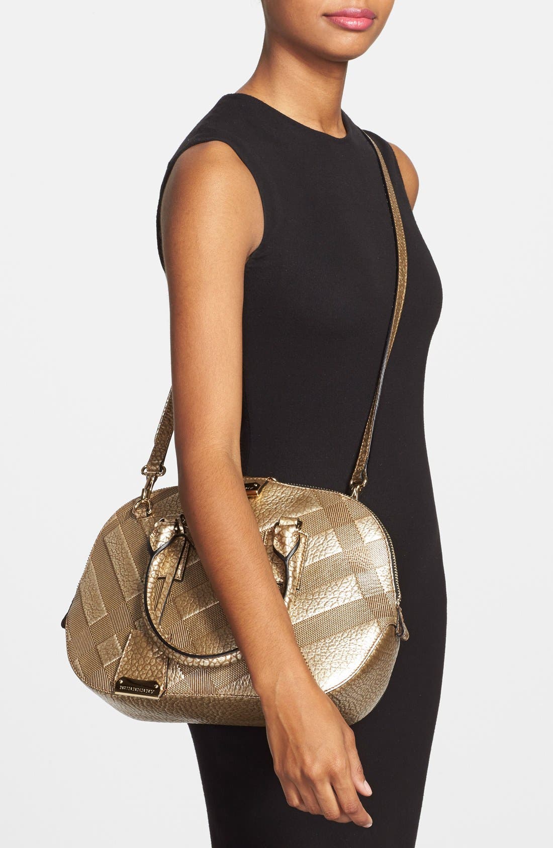 'Small Orchard' Embossed Check Leather Satchel, Alternate, color, GOLD