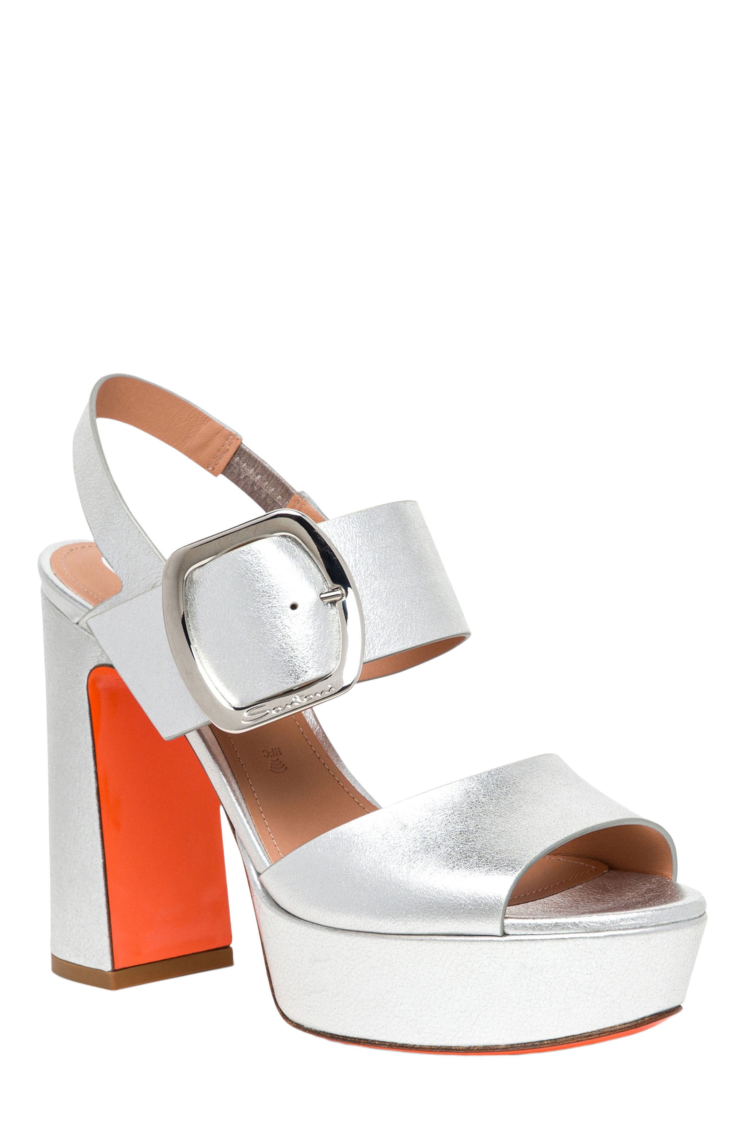 Santoni Women
s laminated leather high-heel sandal, Alternate, color, Silver