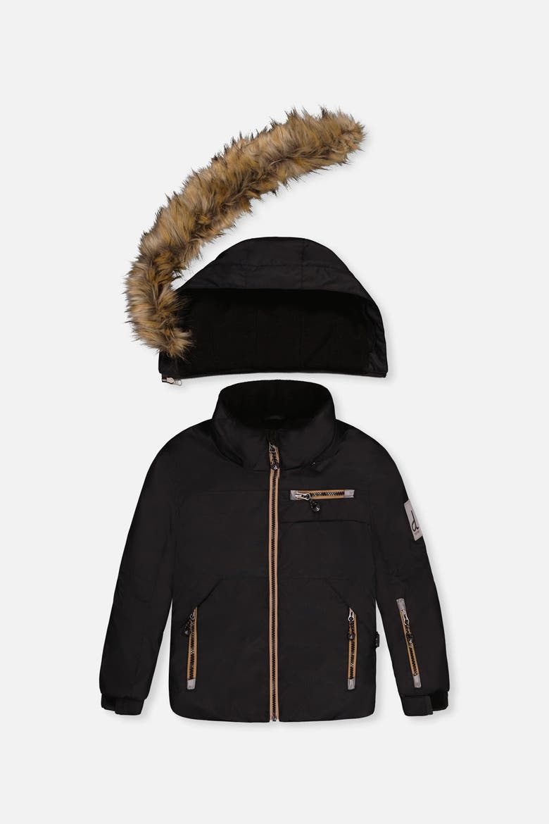 Play Faux Fur Hood Jacket & Reinforced Pants Two Piece Snowsuit, Alternate, color, Black and Beige