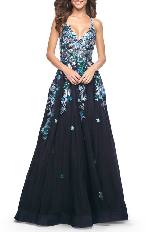 La Femme Gorgeous Sequin Floral Lace Applique A-line Tulle Prom Dress