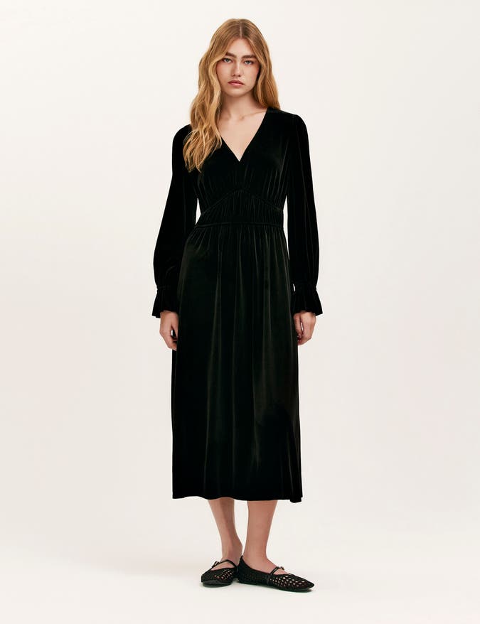 Laila Velvet V Neck Midi Waisted Dress
