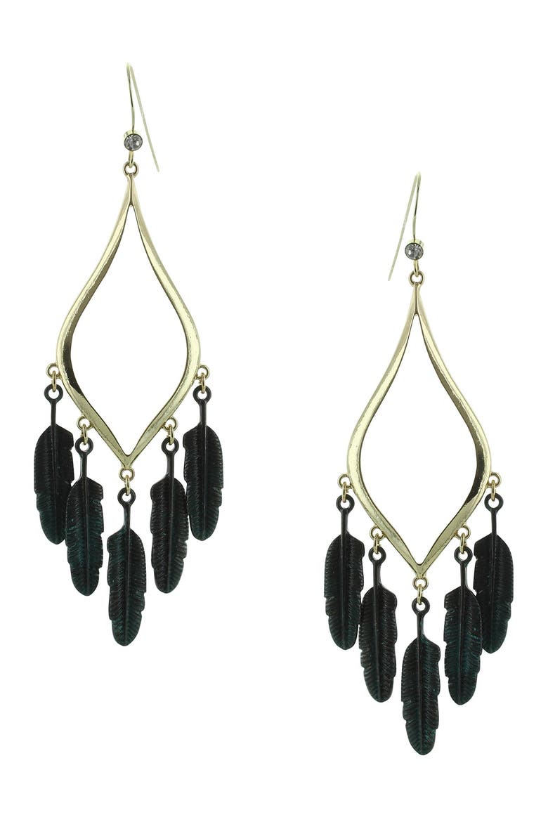 Patina Feather Drop Earrings, Main, color, GOLD/GREEN