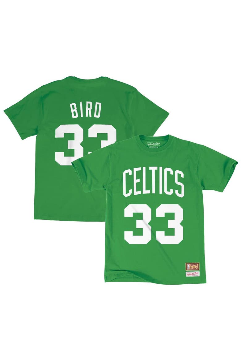 Men's Mitchell & Ness Larry Bird Kelly Green Boston Celtics Hardwood Classics Stitch Name & Number T-Shirt, Alternate, color, White