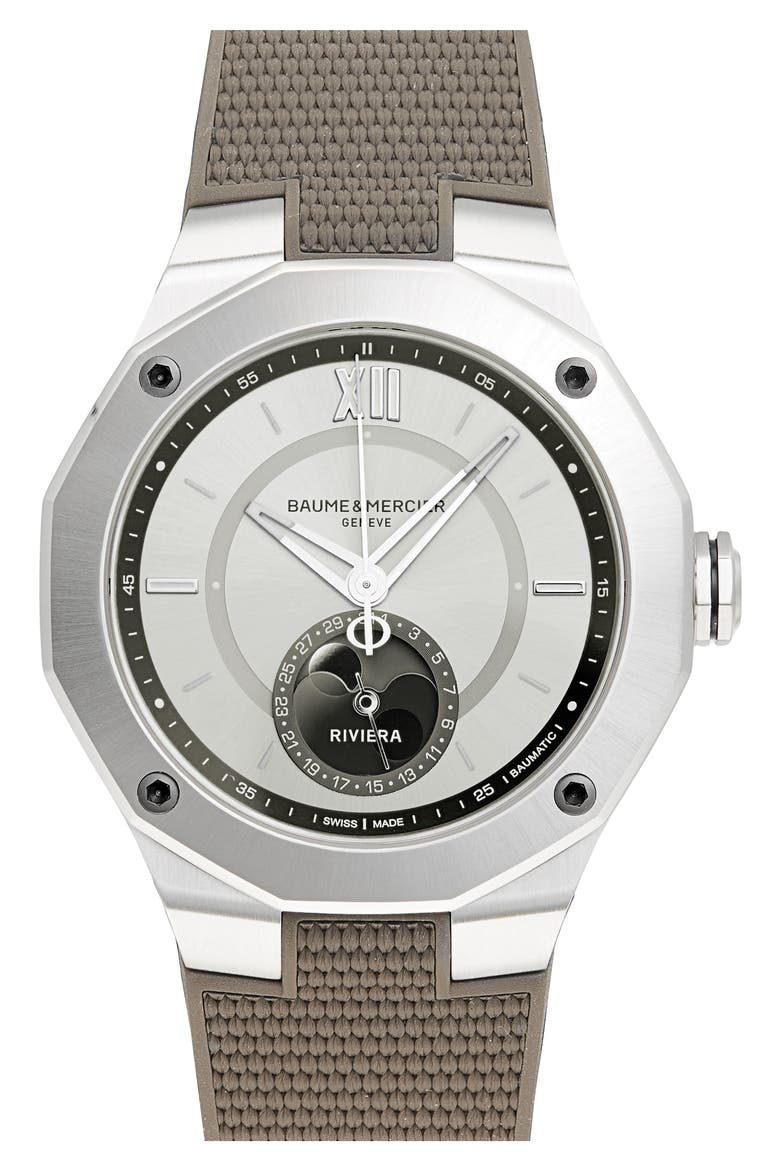 Riviera 10681 Automatic Moon Phase Rubber Strap Watch, 43mm, Main, color, SAND COLOURED