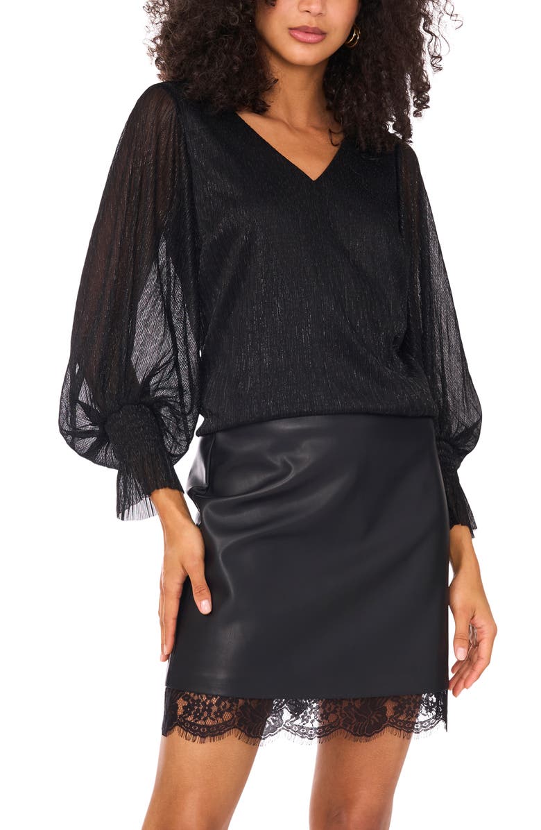 Vince Camuto Metallic Blouson V-Neck Top, Main, color, Rich Black