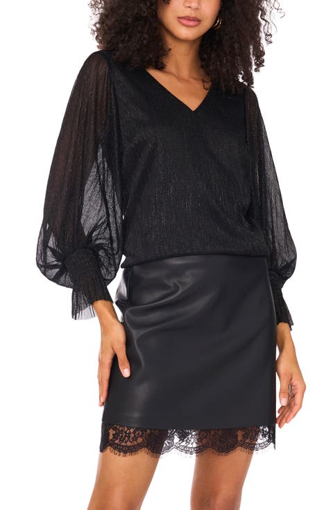 Metallic Blouson V-Neck Top
