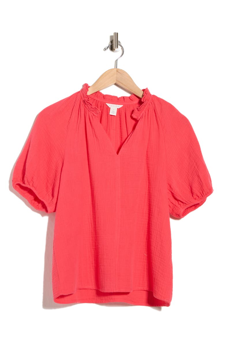Split Neck Puff Sleeve Cotton Gauze Top, Alternate, color, RED GERANIUM