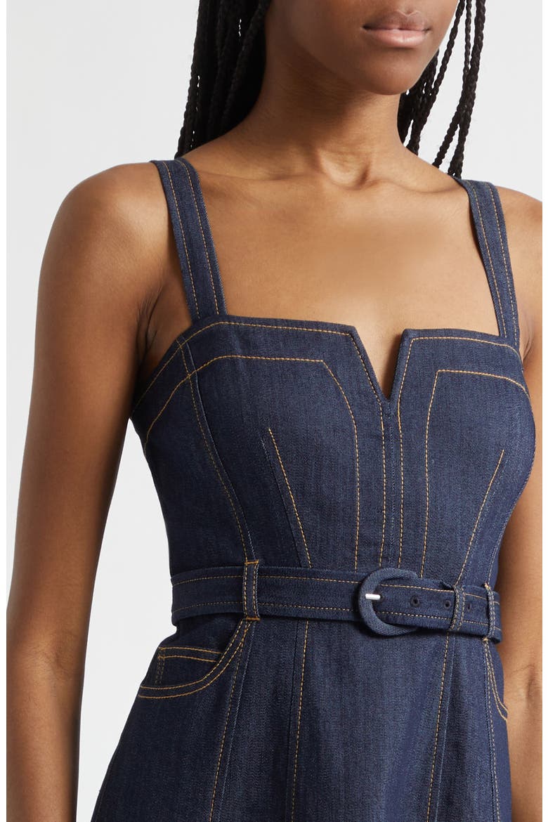 Tina Belted Stretch Denim Midi Sundress, Alternate, color, INDIGO