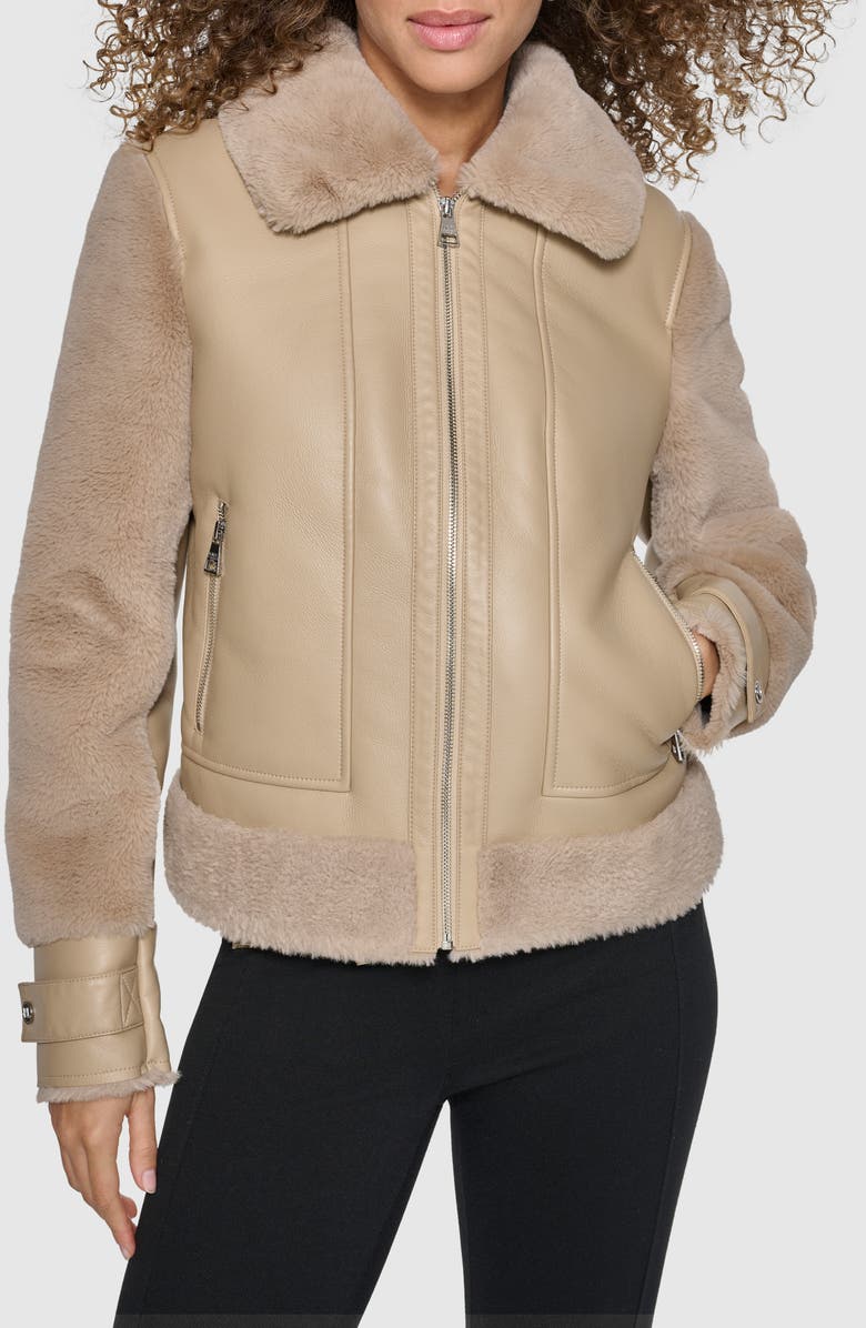 KARL LAGERFELD PARIS Faux Fur & Faux Leather Jacket, Main, color, 