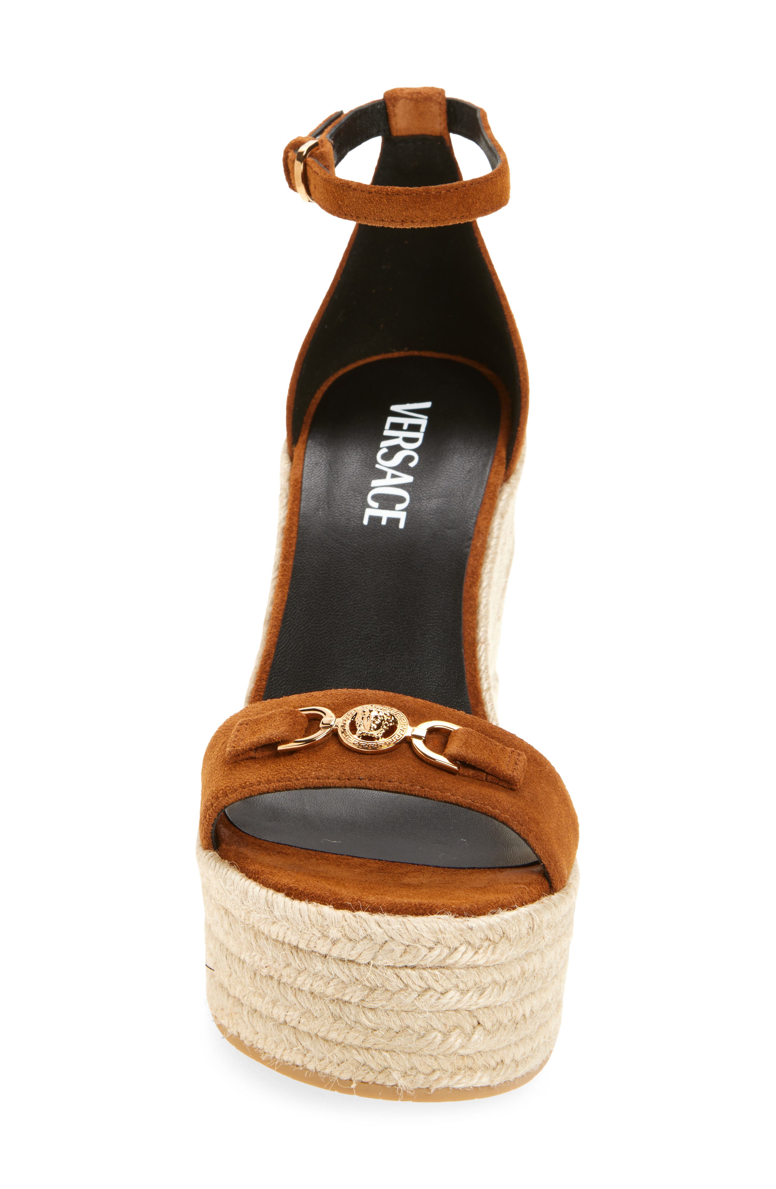 Versace Medusa '95 Suede Espadrille Wedge Sandal, Alternate, color, Spice Brown-Versace Gold