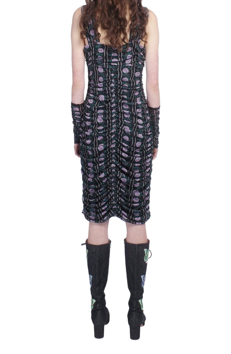 Anna Sui Rosetti Mesh Ruched Tie Dress, Alternate, color, Black/Lilac Multi