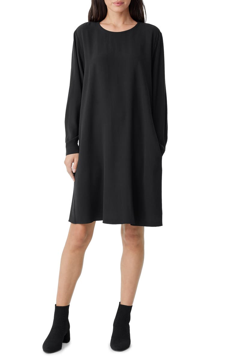 Eileen Fisher Crewneck Long Sleeve Silk Shift Dress, Main, color, 