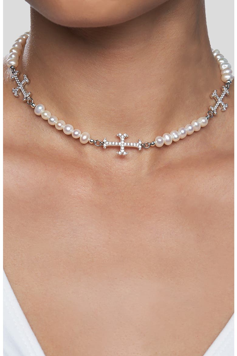 Trio Adamas Cross Pearl Choker, Main, color, White