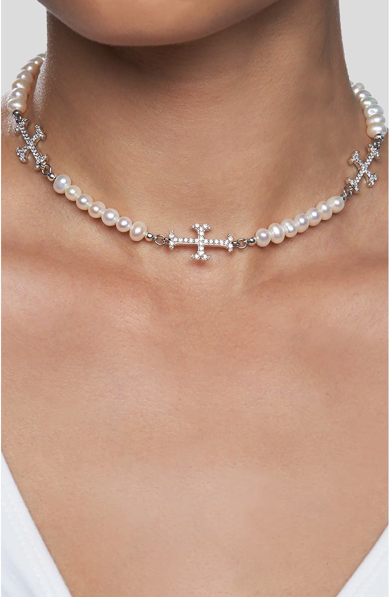 Rimor Jewelry Trio Adamas Cross Pearl Choker, Main, color, White