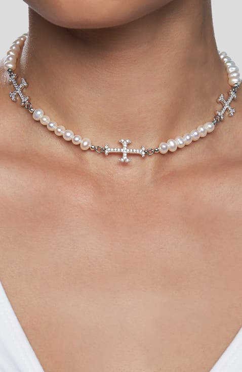 Trio Adamas Cross Pearl Choker