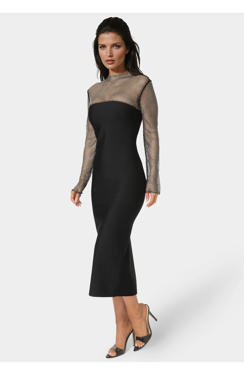 bebe Long Sleeve Midi Dress With Crystal Mesh Combo, Alternate, color, Black