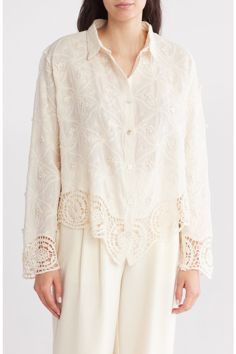 Floral Lace Trim Long Sleeve Button-Up Shirt, Main, color, NATURAL