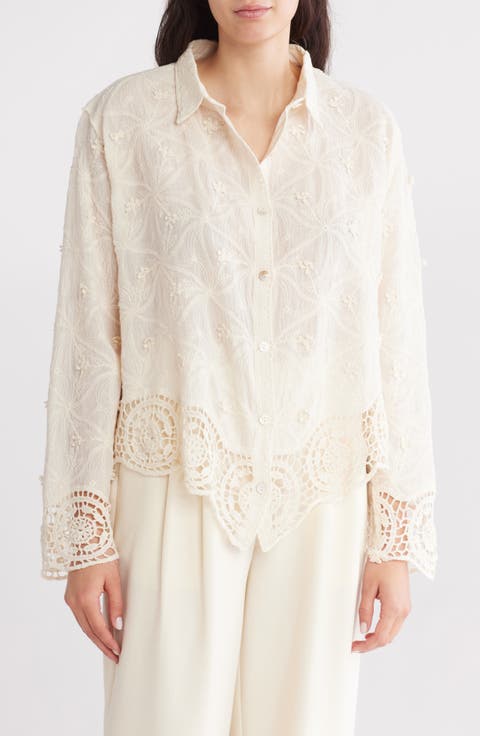 Floral Lace Trim Long Sleeve Button-Up Shirt (Plus)
