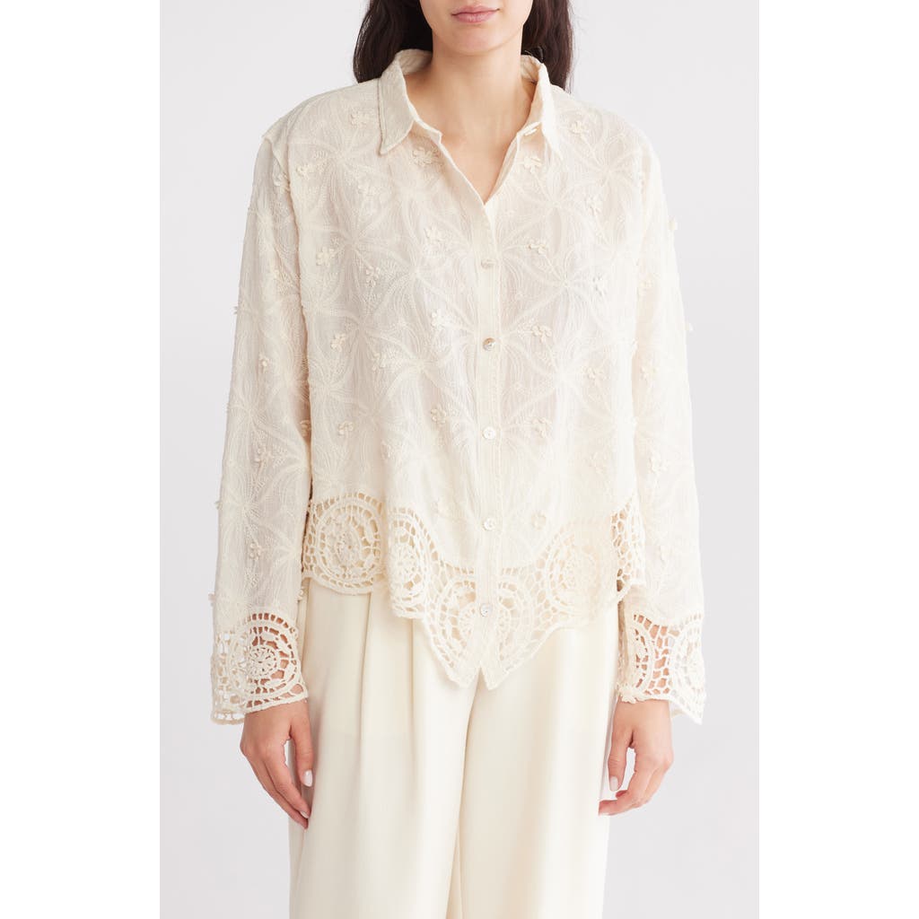 FORGOTTEN GRACE FORGOTTEN GRACE FLORAL LACE TRIM LONG SLEEVE BUTTON-UP SHIRT
