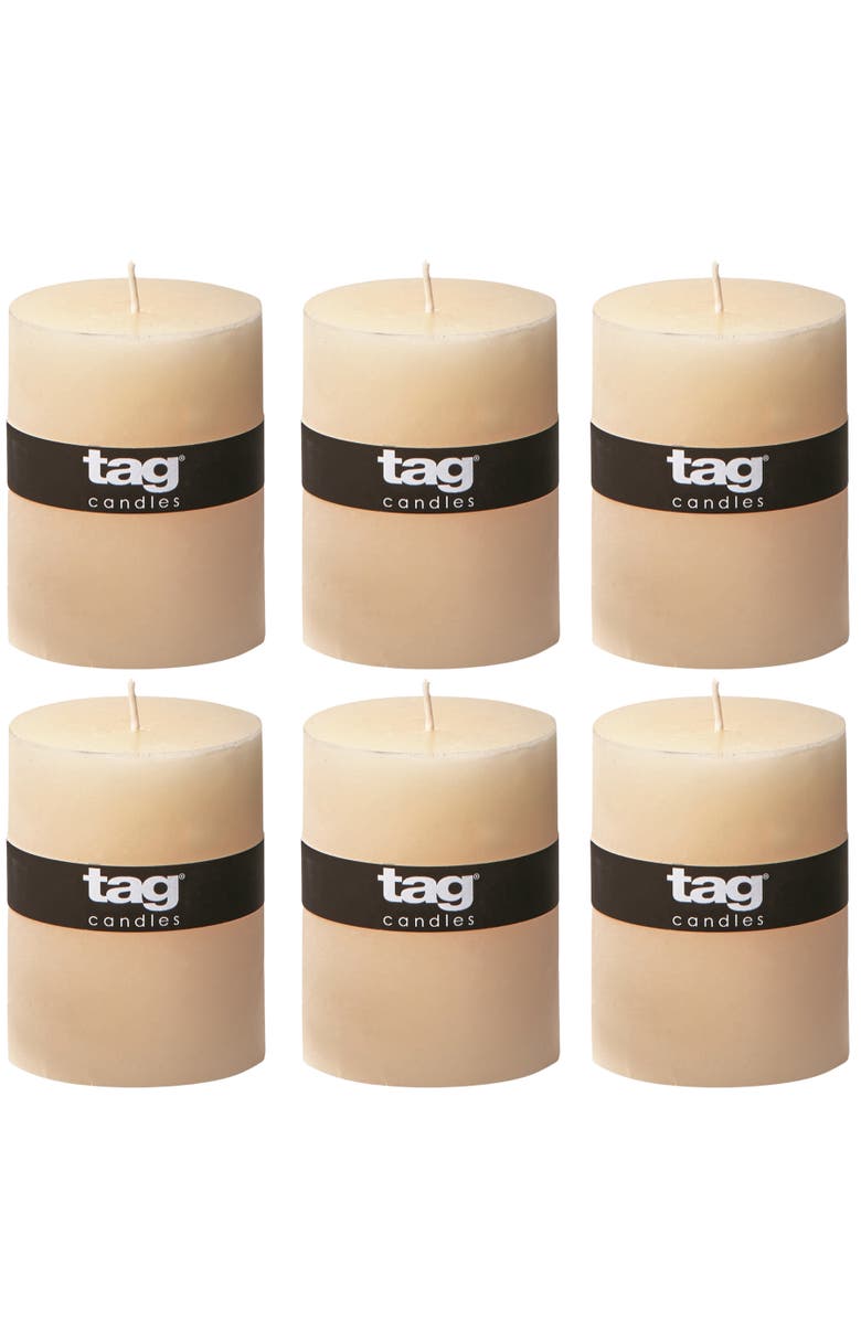 tag Ivory Pillar Candles Unscented Long Burning Set of 6, Main, color, Beige