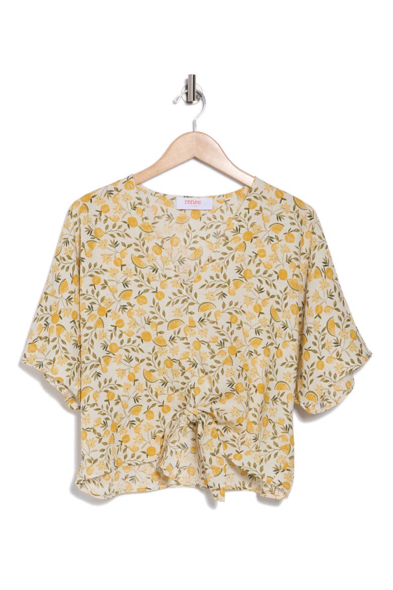 Lemon Print Tie Front Top, Alternate, color, TAUPE
