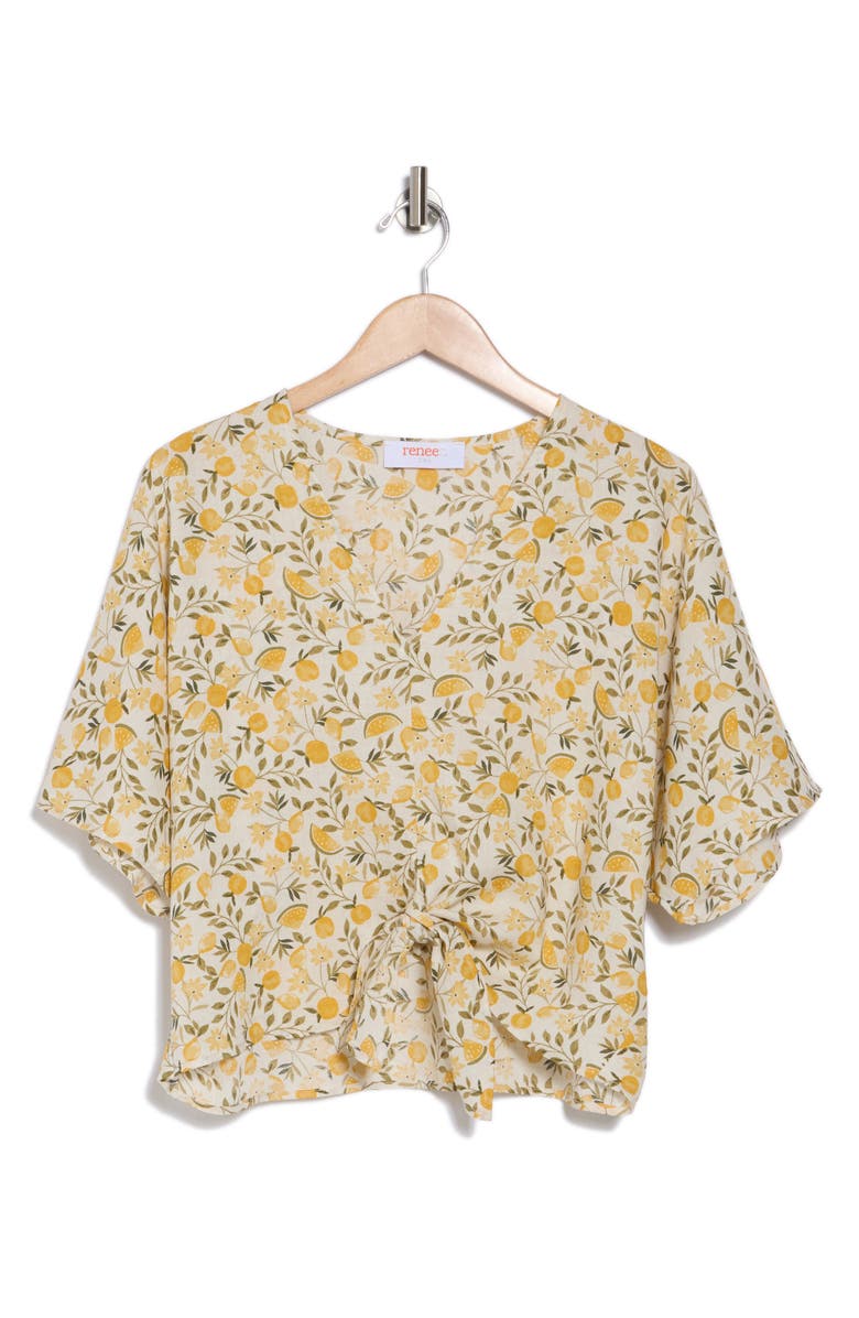 Renee C Lemon Print Tie Front Top, Alternate, color, Taupe